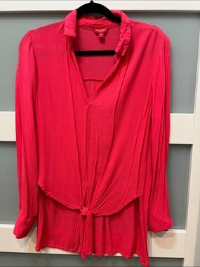 GUESS Hot Pink Knot-Front Long Sleeve Blouse